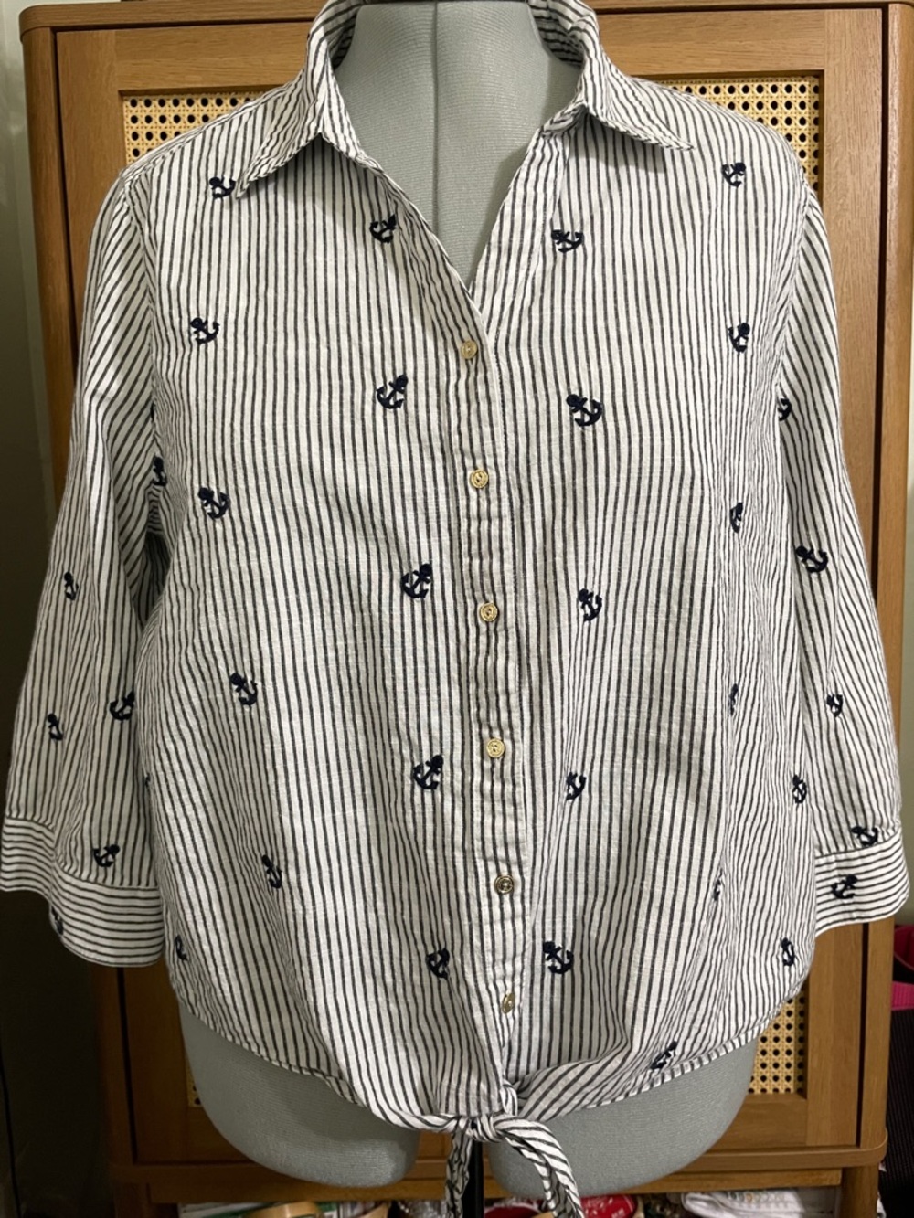 Chico’s Striped Tie-Hem Button-Up Shirt with Anchor Embroidery - White & Navy